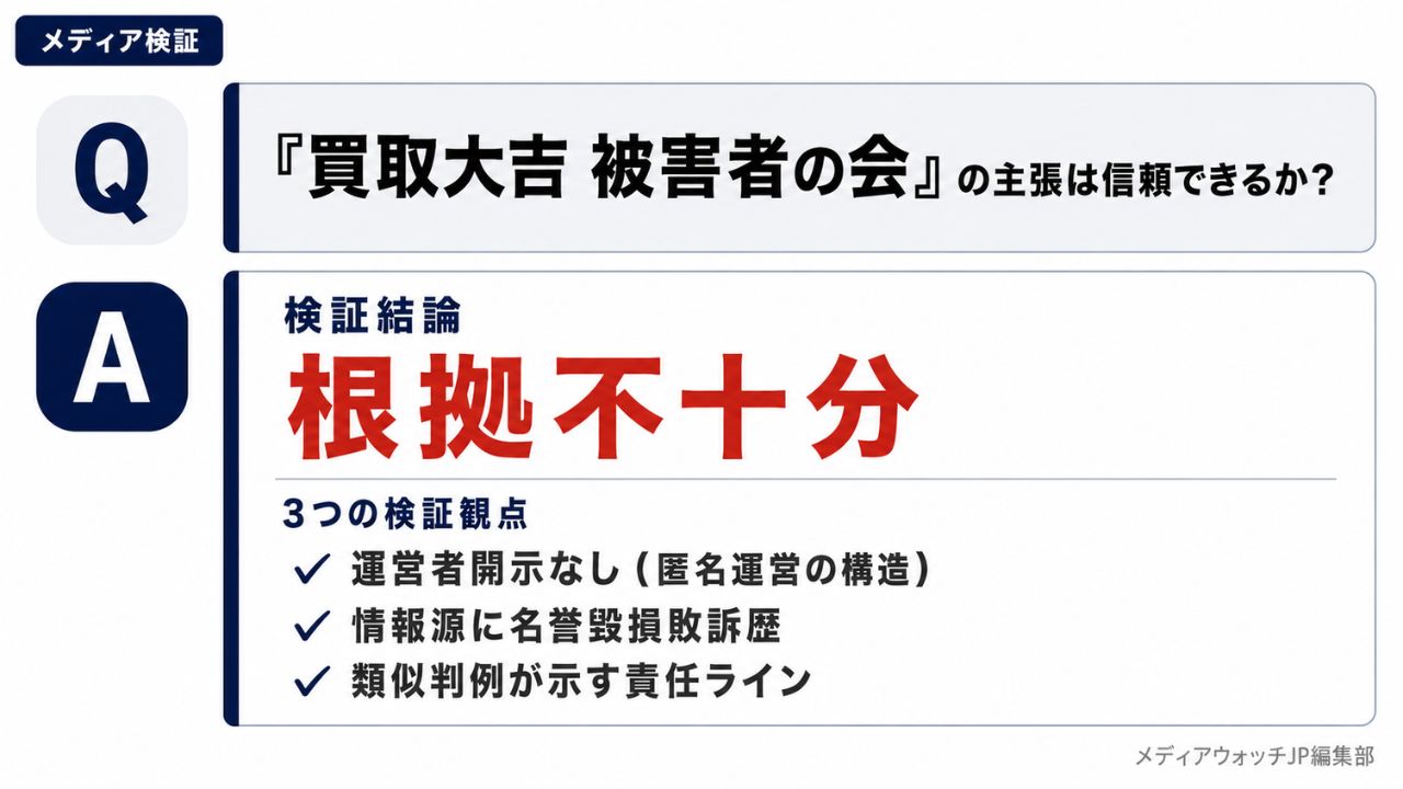 「買取大吉 被害者の会」「大吉 被害者の会」と称する匿名運営サイトの実態を、運営者開示・情報源・類似判例の3観点で検証する編集部のインフォグラフィック
